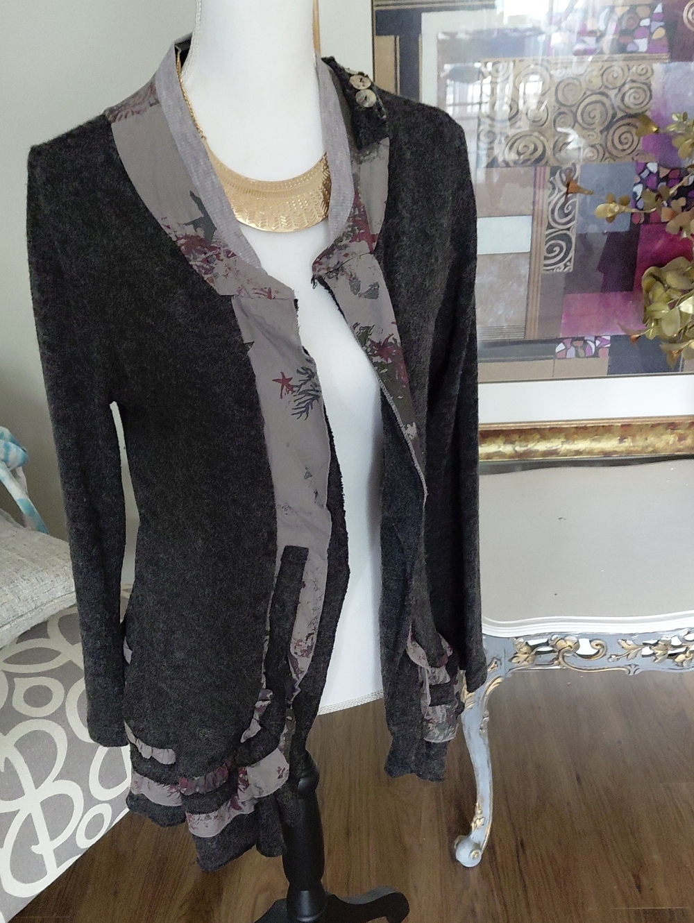 Papillon Blanc Charcoal Gray Open-Front Cardigan with Floral Trim